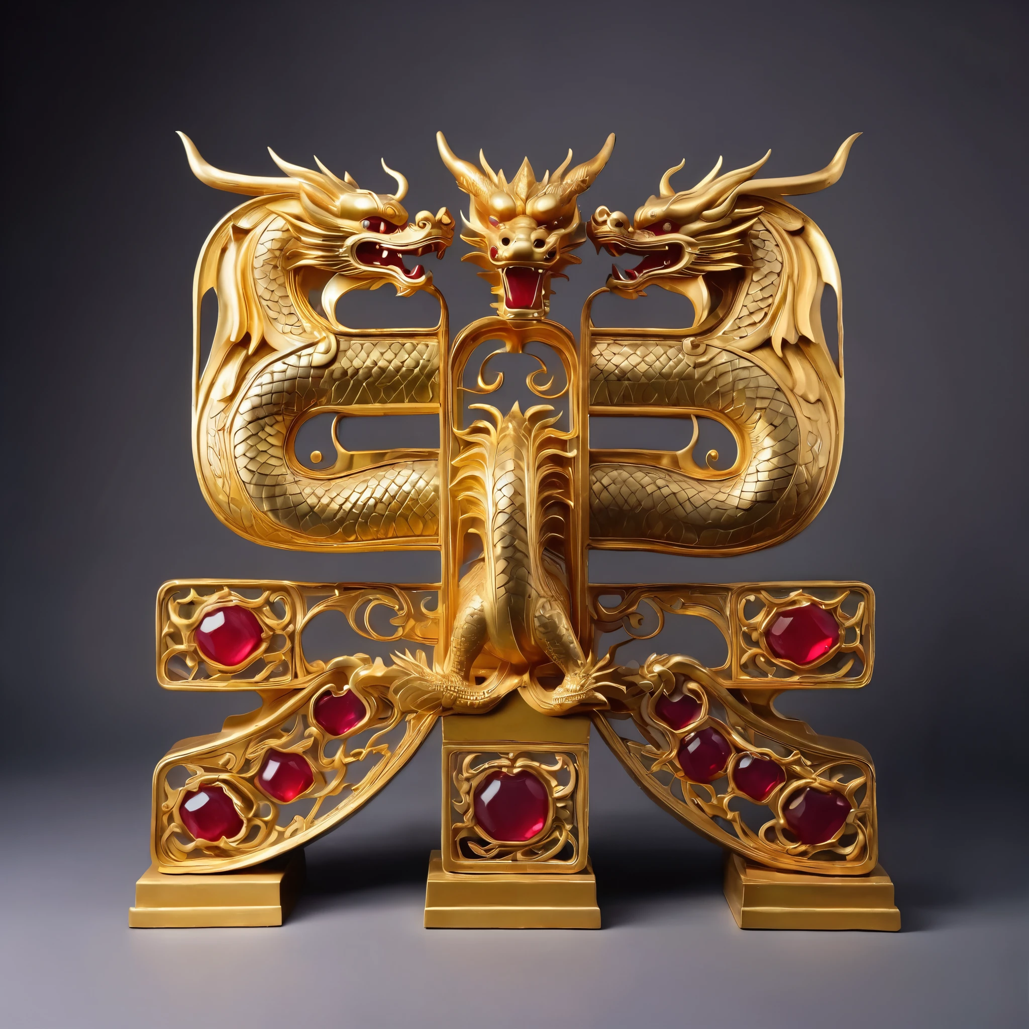 A group of consecutive golden dragon sculptures of the same style from different angles,ruby，Delicate pattern，Medieval style,