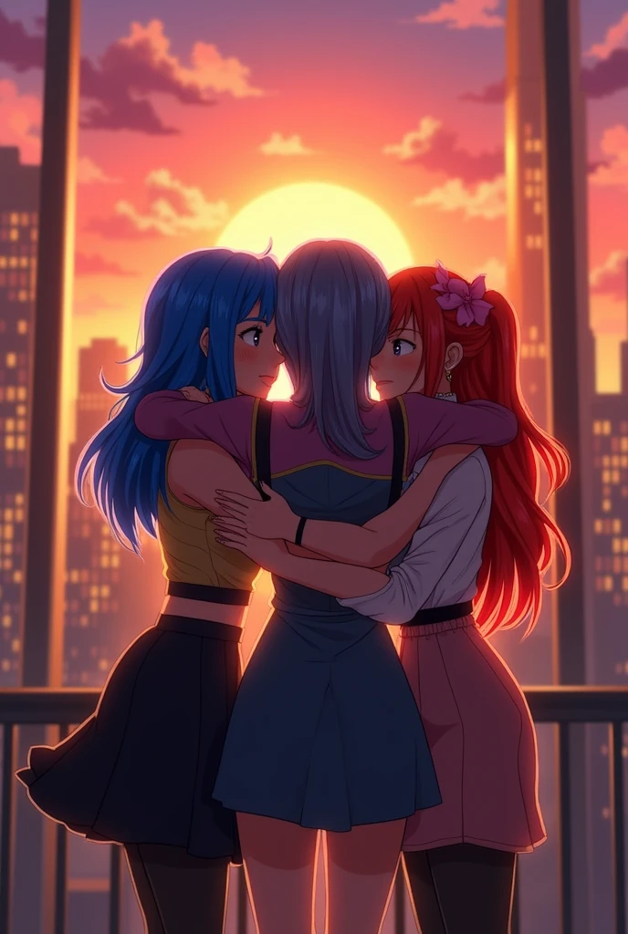 EVIE (descendants, sunset shimmer ( my little pony Equestria girls) , Rei Ayanami hugging as friends on a sunset outside a city