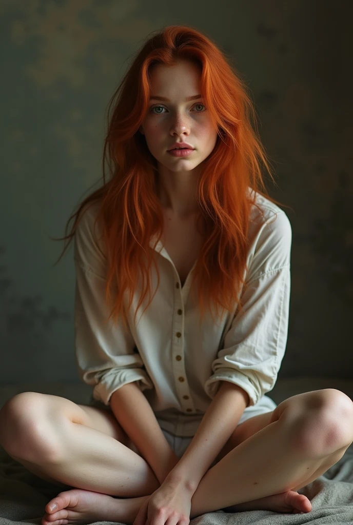 (photorealism:1.2), A redhead girl with long hair and small breasts sits with her legs stretched out. Masterpiece,  some small freckles, pale skin,  runners body, (thin hips, thin waist: 1.25), detailed skin, shy smile, (full body: 1.1),  24mm, soft cinematic light, RAW photo, intricate, elegant, highly detailed, sharp focus, ((((cinematic look)))), soothing tones, insane details, intricate details, low contrast, soft cinematic light, dim colors, exposure blend,, faded, 16K, ultra high res.photorealistic, UHD, RAW, DSLR,
INFO
