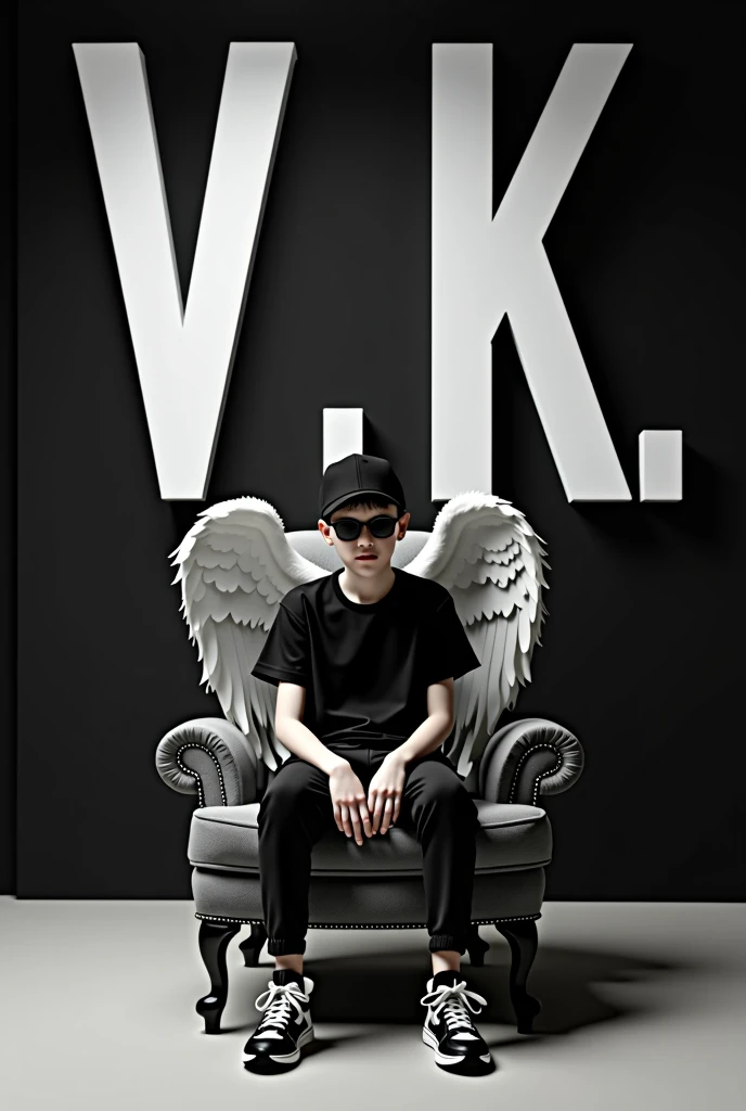 Create a 3D illusion picture where a boy in a black shirt sits casually on a Wingback Chair. Wearing sneakers, a black cricket cap, and sunglasses, he looks ahead. The background features "v.k" in big and capital white fonts on the black wall. There should not be his shadow, and there are wings to make it appear as if he is an angel