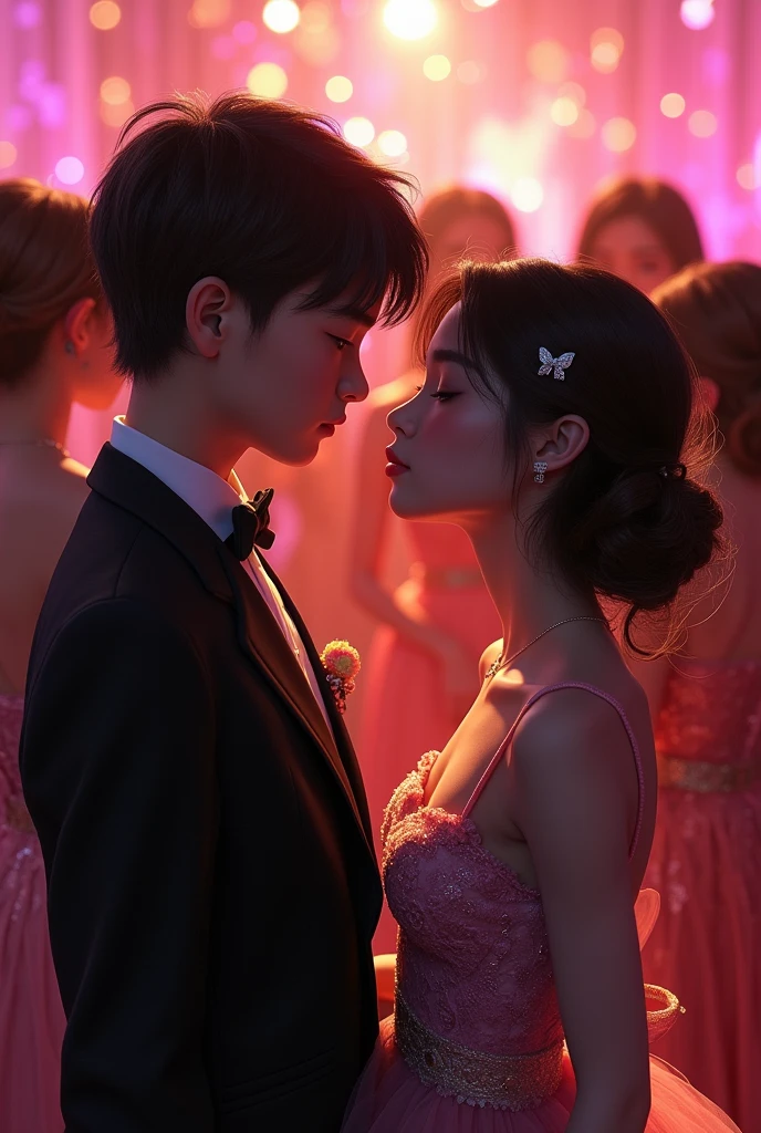 Create a image, a boys with one girl, chill seen on party, sad importations,
Beautiful girls , happy impressions,
Girls Wear a beautiful dress
Boys wear very interesting suits
Between girl and boy
Sex seen