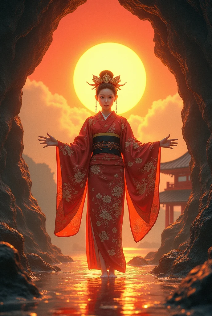 Depict Amaterasu, the Japanese sun goddess, emerging from a cave, bringing light to the world. She is dressed in a traditional kimono with intricate patterns, her face glowing with divine radiance. The backdrop includes a Shinto shrine and the rising sun. —ar 9:16 —s 1000