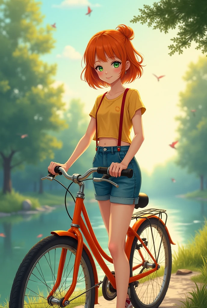 masterpiece,High resolution,8K
(Misty_Pokemon)(1 18-year-old girl)
(Berry Short,Orange Hair,one side up hair,Big green eyes,Small ,Skinny, beautiful smile)
(Yellow sleeveless T-shirt,Belly button sed,Denim hot pants,Red suspenders,sneakers)
I can feel the spirit in my eyes.(masterpiece, Highest quality:1.2), reality、girl on an bicycle, alone、Summer 、Standing in line，，From the side、Riverbank at dusk、whirlwind, Watercolor style