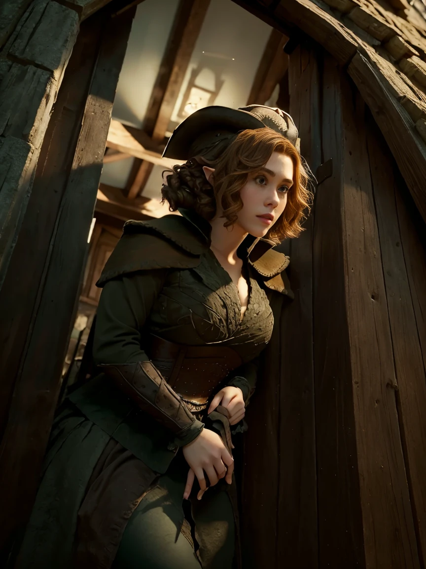 Beautiful and sensual busty athletic (delgado) Dark-haired peasant woman with sharp facial features wearing a modest updo, messy bun, medieval cap, (wimple), chal, thick wool dress, gray and brown coarse yarn medieval dress, long sleeves, wide collar, long dress, tight bodice, corset, middle Ages, cabin, farm, exterior, trees, field, evening, Sunset.