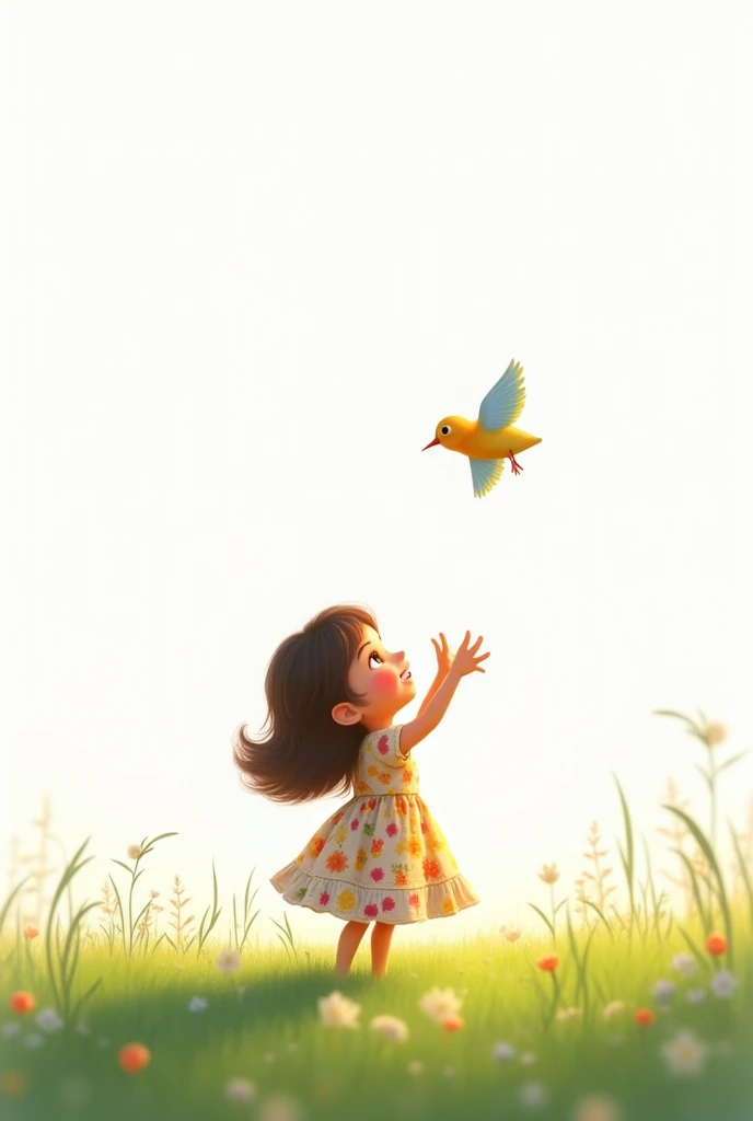 white background,best quality,cute liitle girl standing on grass,she look at the little bird,rais her hands to the little bird,cute little bird flying,cute colorful frock wearing the girl,smiling face
