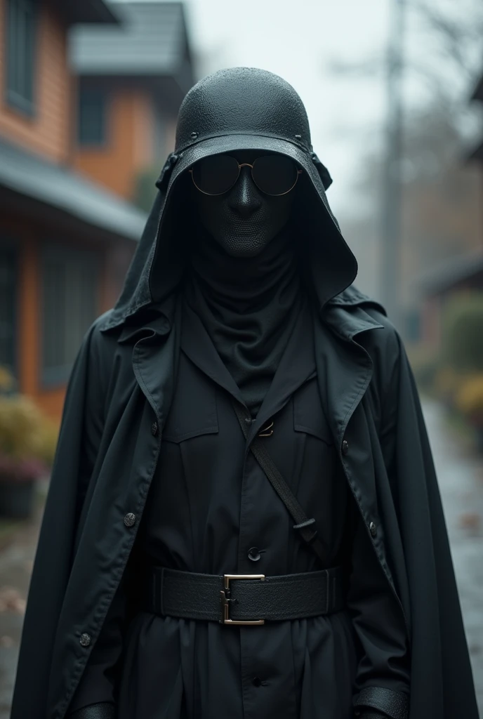 A man wearing a black cloth outfit, his face completely covered by an iron mask with Black glasses, wearing an M35 helmet, Wear a sun protective jacket, Wear only light armor.
Set in Hometown.
