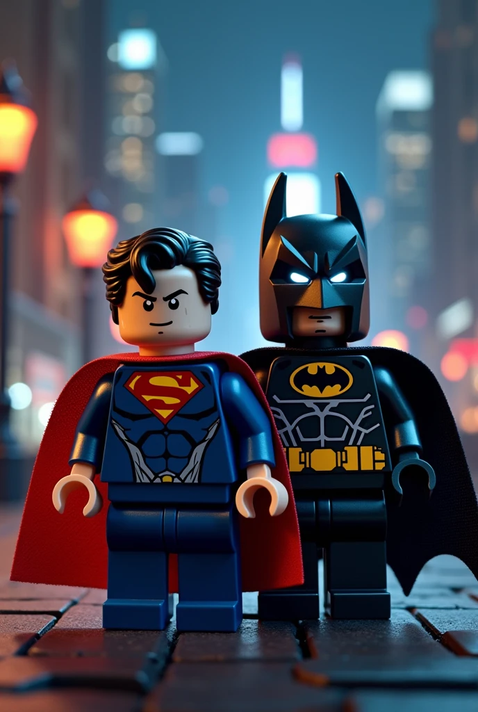 Superman and Batman in lego art, night