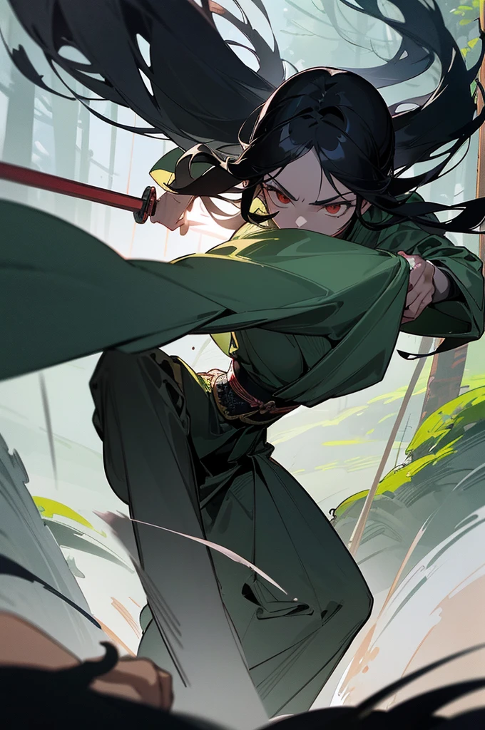 A highly detailed and intense scene set in an ancient Chinese wuxia (martial arts) world. In a dense forest, a young woman with long black hair flowing down to her waist is engaged in a fierce battle. She has a slender but agile body, wielding a long spear with grace and power. Her opponent is a tall and muscular man, his face obscured by a black mask, holding a gleaming short sword. The tension of the fight is palpable, with the forest's shadows and trees adding to the dramatic atmosphere. The overall scene captures the essence of a classic Chinese martial arts duel, filled with action and intensity.