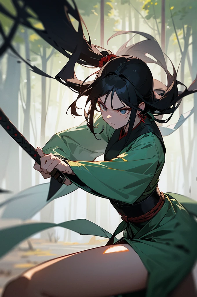 A highly detailed and intense scene set in an ancient Chinese wuxia (martial arts) world. In a dense forest, a young woman with long black hair flowing down to her waist is engaged in a fierce battle. She has a slender but agile body, wielding a long spear with grace and power. Her opponent is a tall and muscular man, his face obscured by a black mask, holding a gleaming short sword. The tension of the fight is palpable, with the forest's shadows and trees adding to the dramatic atmosphere. The overall scene captures the essence of a classic Chinese martial arts duel, filled with action and intensity.