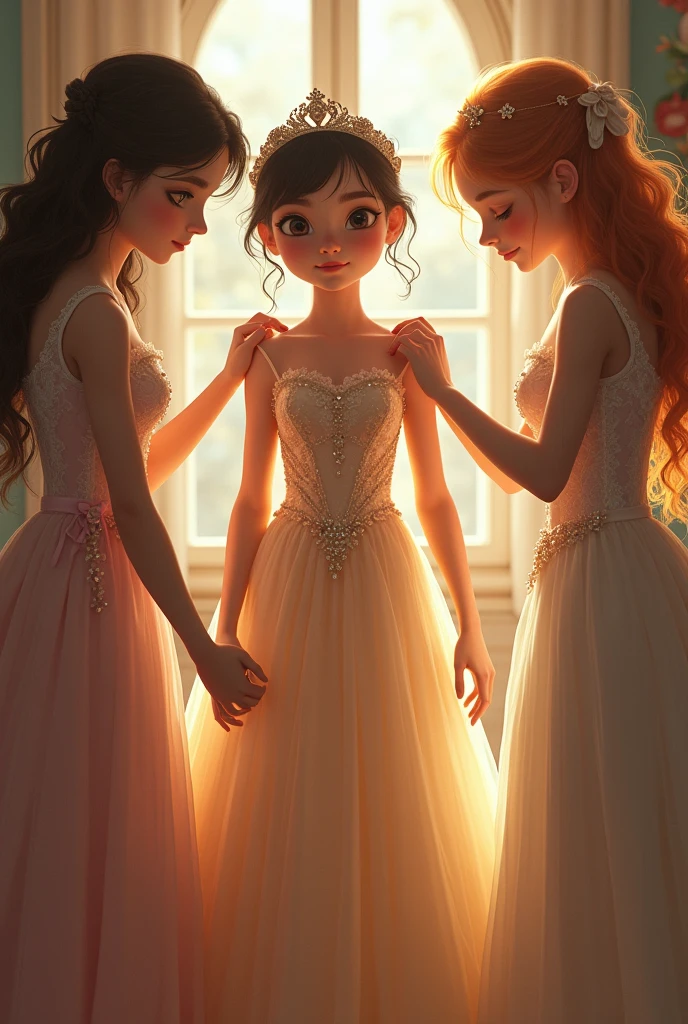 A being dressed as a princess by 3 of his sisters
