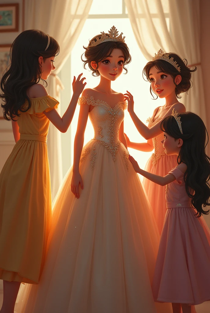 A  being dressed as a princess by 3 of his sisters 