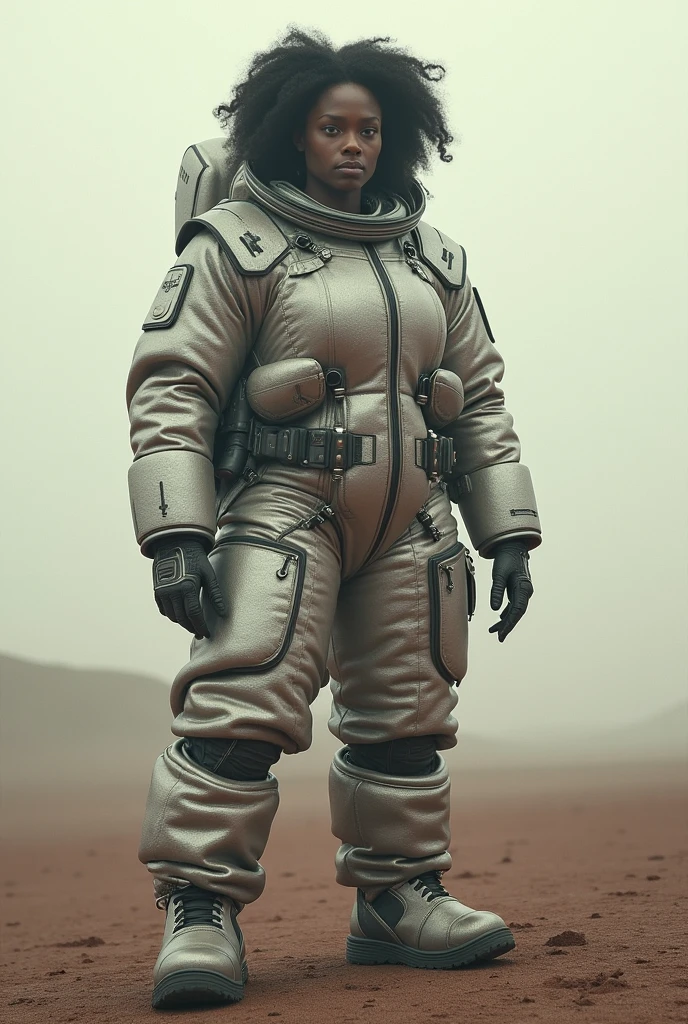 Afroamerican woman Wearing a baggy silver astronaut suit