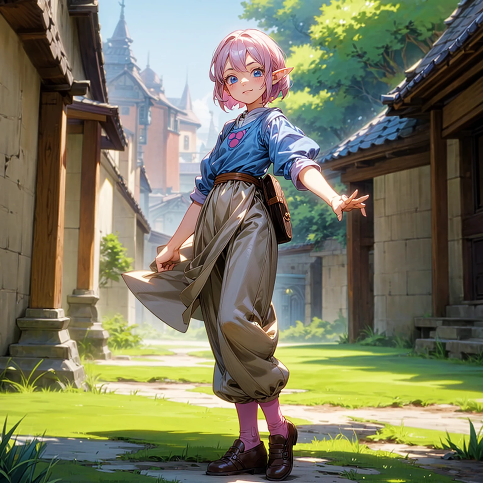 Solo character, full body version,  girl, (elf), blue eyes, pink color hair, short hair, blue shirt clothing, brown pants, shoes, outdoor, village, medieval, standing gesture, detailed background, detailed clothing, detailed hair, (one piece style art, Doraemon style art), happy 