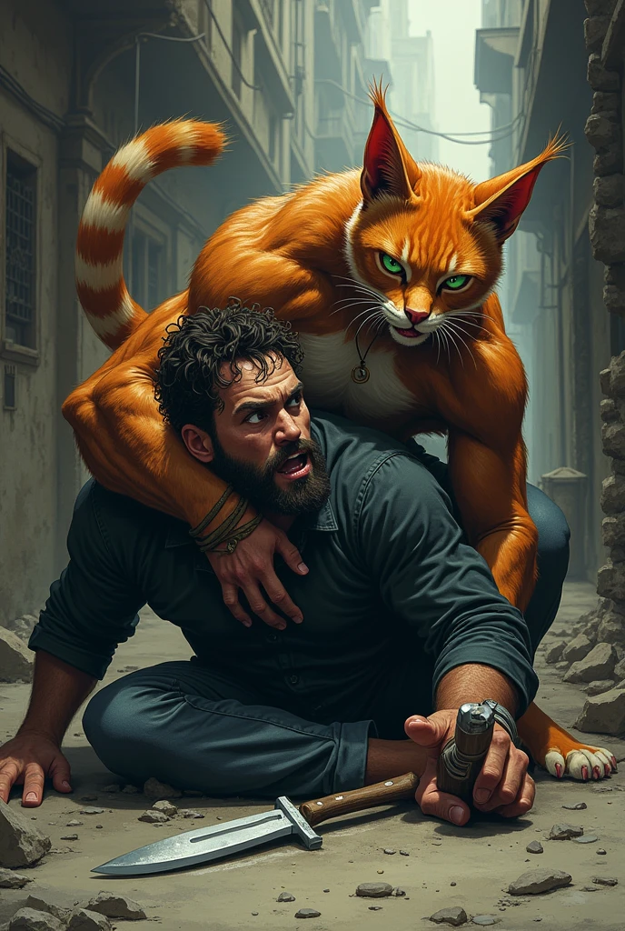 . **Scene 5: Felix Pinning the Leader**
   - *Prompt*: Felix the cat with human body pins the burly gang leader to the ground with one hand around his throat. The leader’s face shows a mix of pain and fear, his knife lying discarded nearby. Felix’s green eyes glare down with fierce determination. The alley’s gritty texture is evident in the rough ground and walls around them.