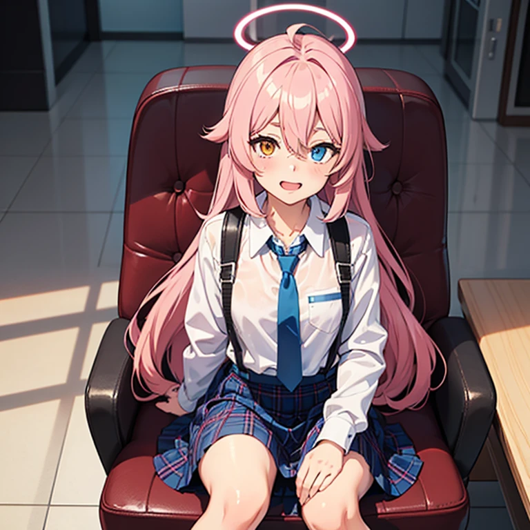 1 woman, Hoshino (blue archive), alone, heterochromia, pink hair, skirt, long hair, necktie, Ahoge, shirt, halo, plaid skirt, blue eyes, plaid,  looking at viewer, white shirt, seat, orange eyes, chest harness, harness, long sleeves, ID, dehisce, very long hair, collared shirt, laugh, blue necktie, forehead, Step out of the frame, between legs, hand between legs, blush, hair between eyes, mackerel,masterpiece, best quality