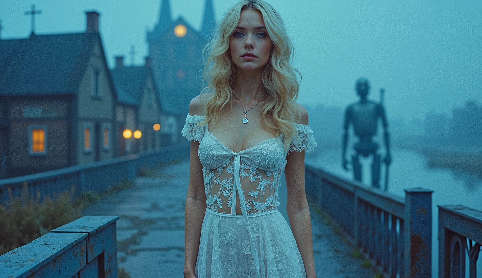 (masterpiece, analogue photo.1950 style), best quality,by Antonio J. Manzanedo, by Jeremy Lipking, lightning, in a surreal ruined city landscape, painting style with watercolor, Brushstrokes, colorful，vibrant blue hues colors,1 ultra hot gorgeous European woman. Blonde hair. Large breast. Epic Cleavage (100 DD size). Voluptuous hourglass body. Gorgeous face.full lips. full-body shot  of beautifull cortana, (intricate, sheer lace, transparent, translucent, skintight cloth), intricate, beautifull face, her skin should be pale and flawless, With a touch of transcendental beauty, she Should express Calm Confidence, (she is standing on the bridge of an old dystopian town, (Just a hint of fog covering the destroyed town)), shyness, side lighting, (finely detailed blue eyes: 1.2) (((night time. Foggy atmosphere))) in the background 1930 clunky and rusty war robots.