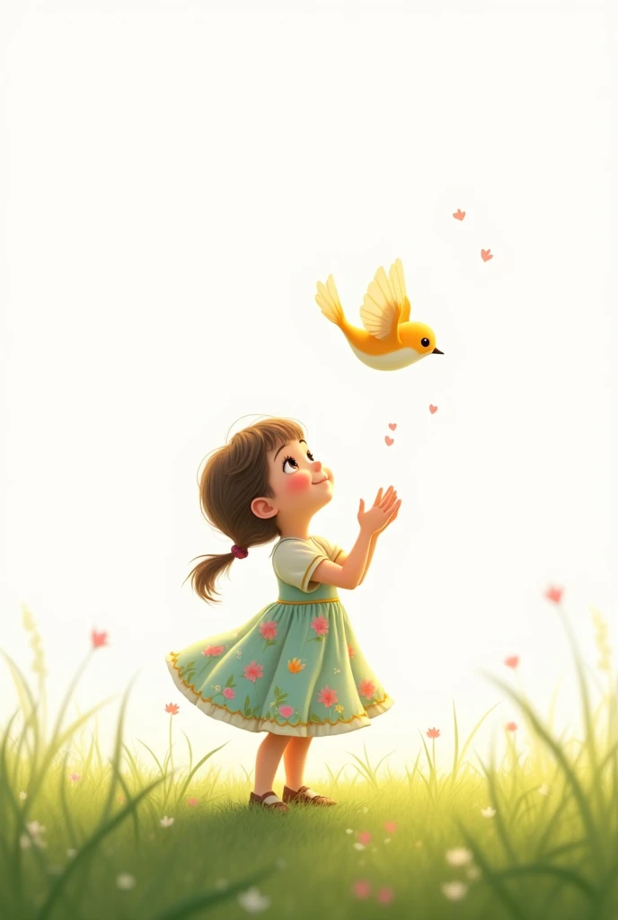 white background,best quality,cute liitle girl standing on grass,she look at the little bird,rais her hands to the little bird,cute little bird flying,cute colorful frock wearing the girl,smiling face