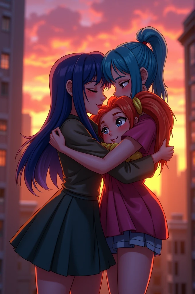 EVIE (descendants, sunset shimmer ( my little pony Equestria girls) , Rei Ayanami hugging as friends on a sunset outside a city