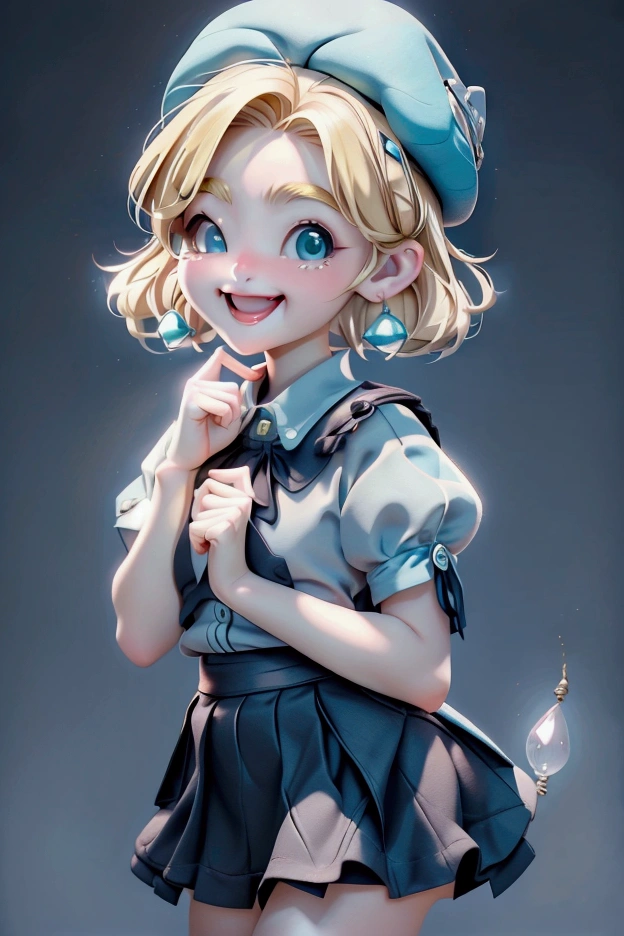 Fajogeno-style, masterpiece, Highest quality, One person, 2, smile, Pink Lips, Aqua Eye, Blue Beret, Blonde, Mouth closed, Earrings, Have, gem Earrings, jewelry, View your viewers, mini skirt, shirt, Blue Cape, short hair, alone, Cowboy Shot, Place your hands behind your head, 薄dark, dark, High Contrast, Caustics
