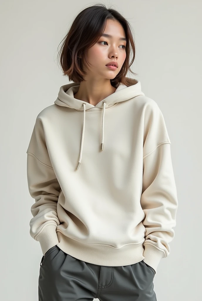 Sweater, lazy, sports, casual, light color, medium length, deconstructed design, collar design.