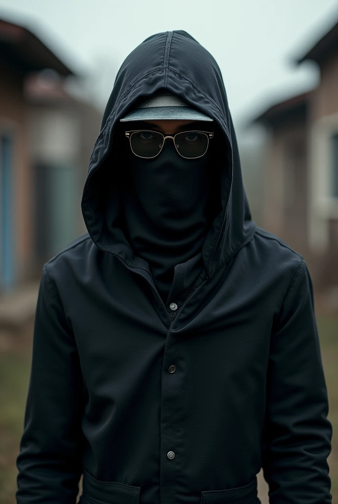 A man wearing a black cloth outfit, his face completely covered by an iron mask with Black glasses, wearing an M35 helmet, Wear a sun protective jacket, Wear only light armor.
Set in Hometown.