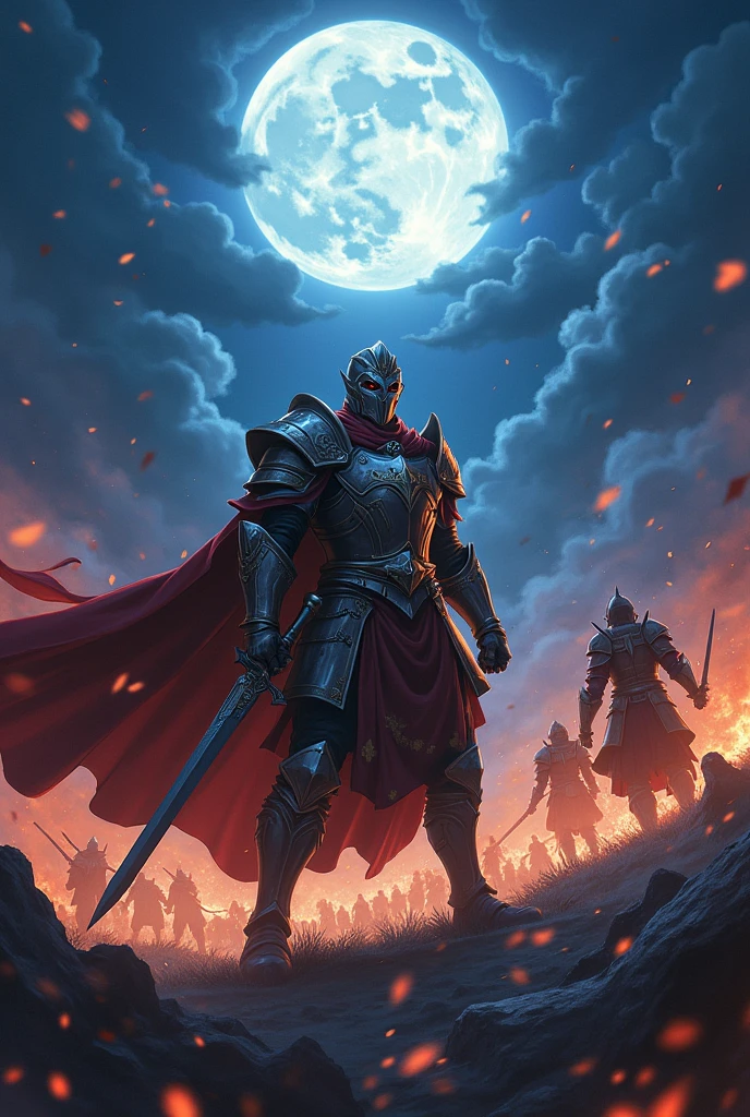 A king fighting in a battle in night and in anime style

