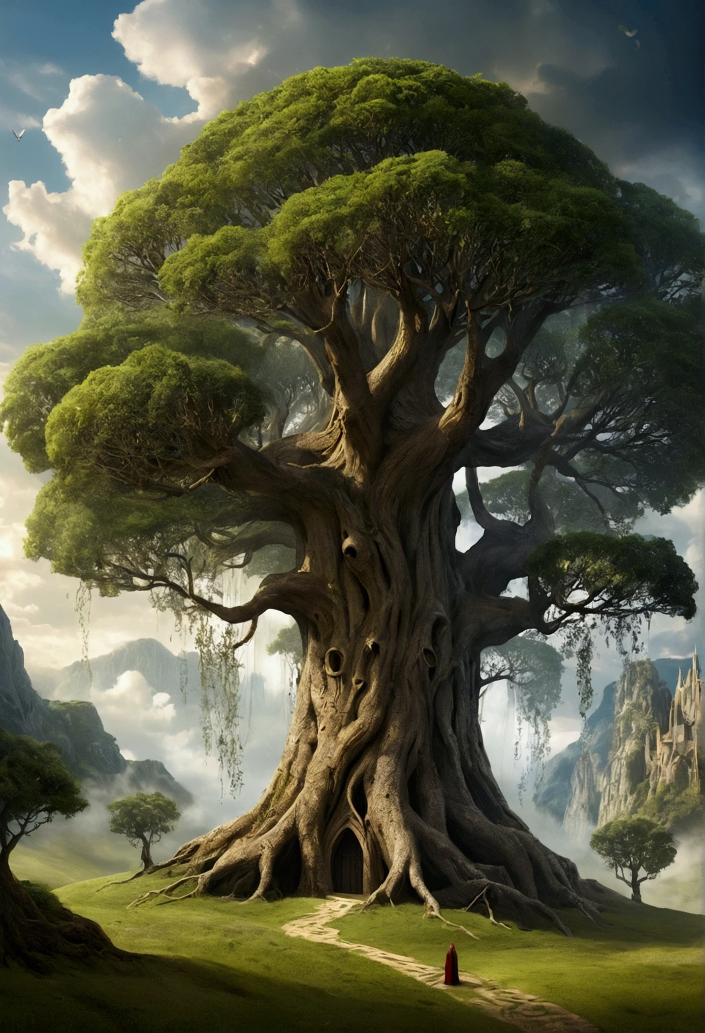 With a fantastic medieval style with a touch of mystery and mysticism, it recreates the following scene: In a large valley of low grass and a few scattered trees, there exists the world tree, in which are the strands of the destinies of all the beings of the world called Solumbra, that enormous, huge and majestic tree shines with its living strands from its immense and deep roots to its vast crown, whose branches open and extend beyond the sky and the clouds. It is a dual tree located between a material world, on one side of the veil, and an ethereal and luminous world on the other. In it exist all the colors and creatures.