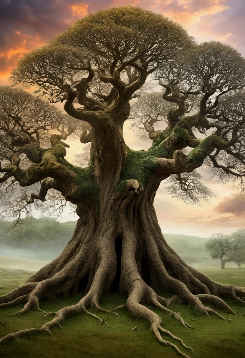 With a fantastic medieval style with a touch of mystery and mysticism, it recreates the following scene: In a large valley of low grass and a few scattered trees, there exists the world tree, in which are the strands of the destinies of all the beings of the world called Solumbra, that enormous, huge and majestic tree shines with its living strands from its immense and deep roots to its vast crown, whose branches open and extend beyond the sky and the clouds. It is a dual tree located between a material world, on one side of the veil, and an ethereal and luminous world on the other. In it exist all the colors and creatures.