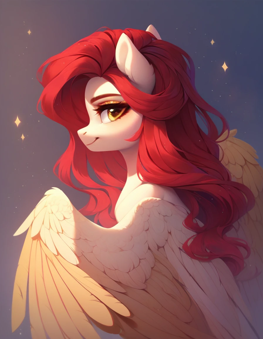 (work of art, Maximum quality, best qualityer, offcial art, beautiful and aesthetic:1.2), A pony with a long red mane, long straight red hair, Caucasian skin, gold eyes, pegasus wings.