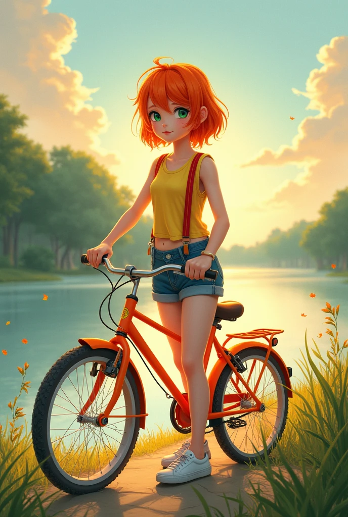 masterpiece,High resolution,8K
(Misty_Pokemon)(1 18-year-old girl)
(Berry Short,Orange Hair,one side up hair,Big green eyes,Small breasts,Skinny, beautiful smile)
(Yellow sleeveless T-shirt,Belly button exposed,Denim hot pants,Red suspenders,sneakers)
I can feel the spirit in my eyes.(masterpiece, Highest quality:1.2), reality、girl on an orange bicycle, alone、Summer 、Standing in line，，From the side、Riverbank at dusk、whirlwind, Watercolor style