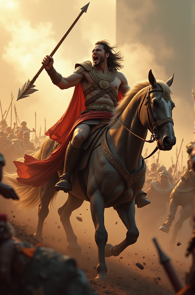 One man lord karna shouted in a war,he is riding a horse and in his hand one broken Arrow is there