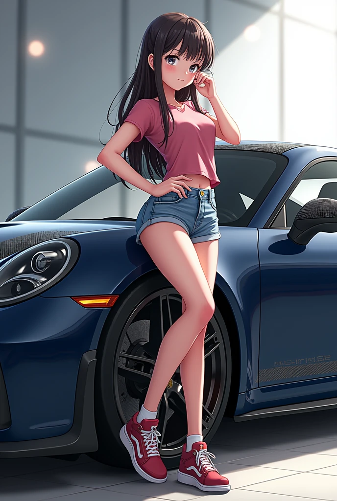 hinata in realisitic look,one leg up and one hand on hip one eye closed,small smile standing beside Porsche 911 gt navy yellow with carbon fibre finish on carbonate, hinata cute