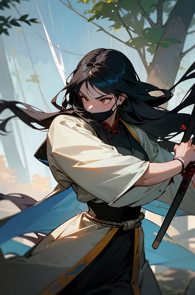 A highly detailed and intense scene set in an ancient Chinese wuxia (martial arts) world. In a dense forest, a young woman with long black hair flowing down to her waist is engaged in a fierce battle. She has a slender but agile body, wielding a long spear with grace and power. Her opponent is a tall and muscular man, his face obscured by a black mask, holding a gleaming short sword. The tension of the fight is palpable, with the forest's shadows and trees adding to the dramatic atmosphere. The overall scene captures the essence of a classic Chinese martial arts duel, filled with action and intensity.