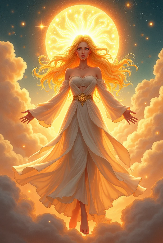 create an anime image of a woman that is the goddess of sun 
