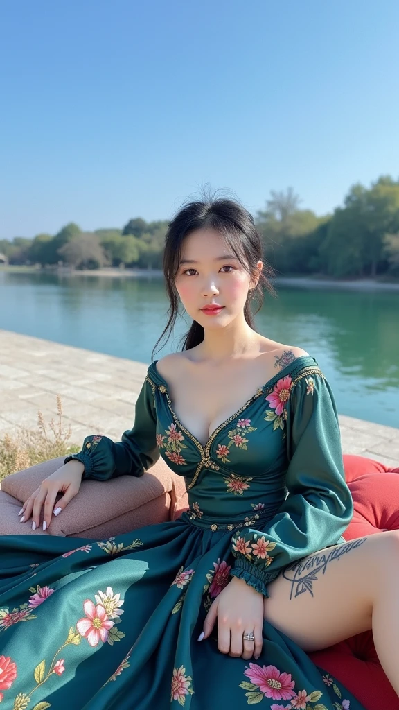 Chinese girl, white skin, shaggy breasts, big breast, 2, shy smile, thick body, sexy body, curvy waist, sunny morning, milky white skin, a butterfly tattoo on the shoulder back, a big flower tattoo on the thigh, there is a text tatoo says "Thasya" on the lower arm, sexy gown, lying prone, lying face down, on the red sofa, spread the legs, nakeness, full body, beautiful nail arts, thin pubic hair, wide open her legs, black hair, straight hair, sexy toe, camera from bottom, full body from toe to head, full body on frame
