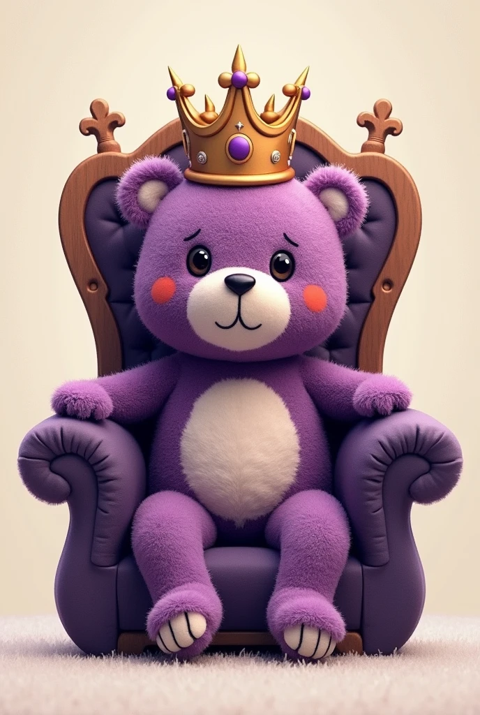 um logotipo com o nome "Premium Plush Toys" in a calligraphic font. A stylized bear, wearing a crown, is sitting on a throne. colors: doradas, purple, offwhite. Velvet textured background.