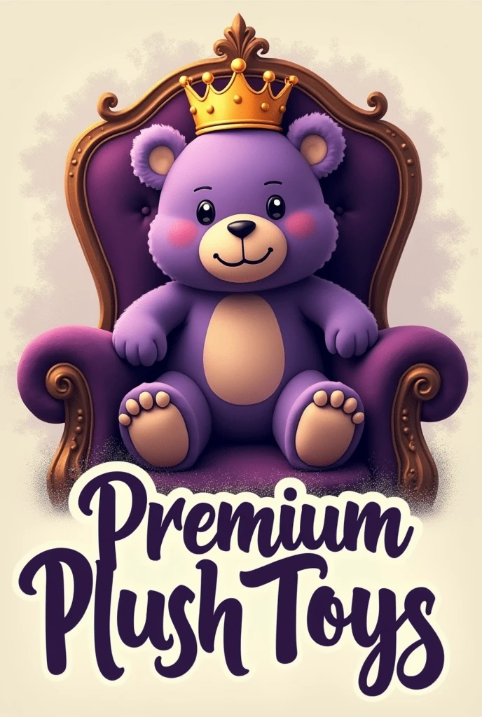 um logotipo com o nome "Premium Plush Toys" in a calligraphic font. A stylized bear, wearing a crown, is sitting on a throne. colors: doradas, purple, offwhite. Velvet textured background.