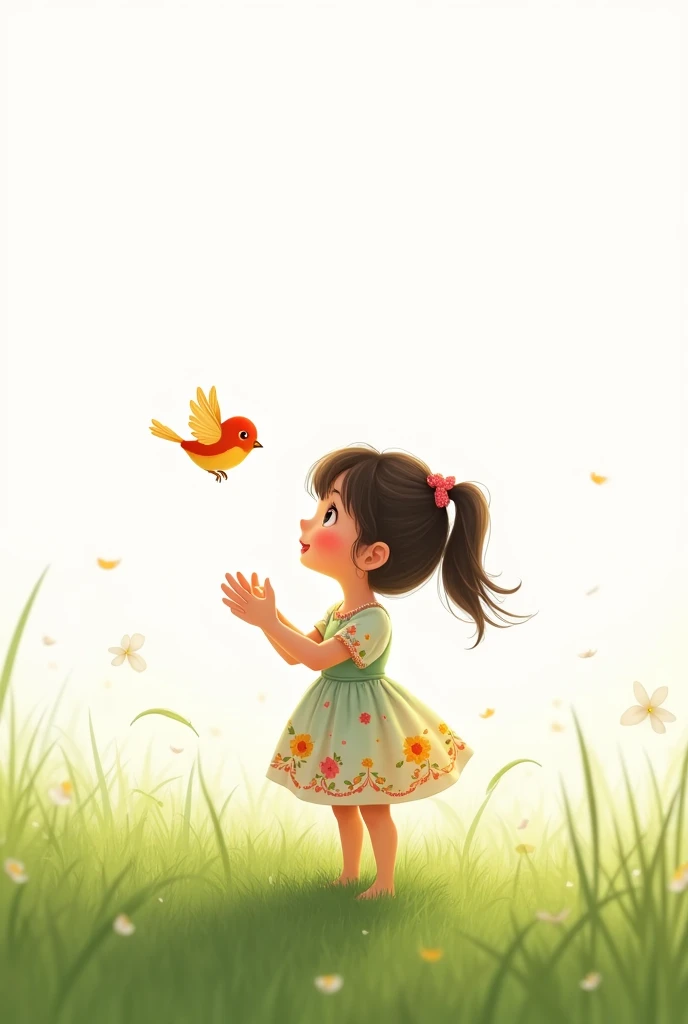 white background,best quality,cute liitle girl standing on grass,she look at the little bird,rais her hands to the little bird,cute little bird flying,cute colorful frock wearing the girl,smiling face
