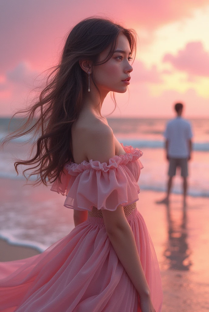 An image of 9:16 ratio of a girl with pretty frock and her long hair till her thighs at a beach with pink sky and a men is adoring her from a distance