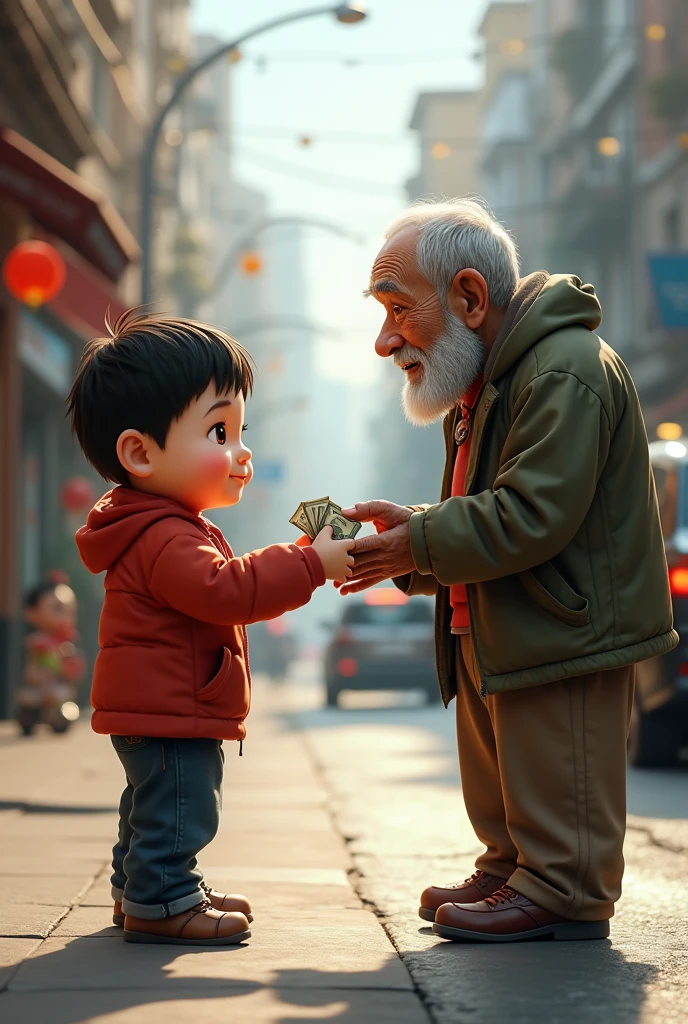 Draw me a picture , chubby boy holding dollars for old man on the side of the road