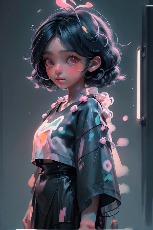 Hair cut short、Dark-skinned tomboy, An illustration：Aoiro Studio、Komori Masaaki, Super detailed, Neon Light, Cinema Lighting, Matte Paint, Painted in oil painting style, Trending on Art Station, modern art, Surreal and dreamy atmosphere.