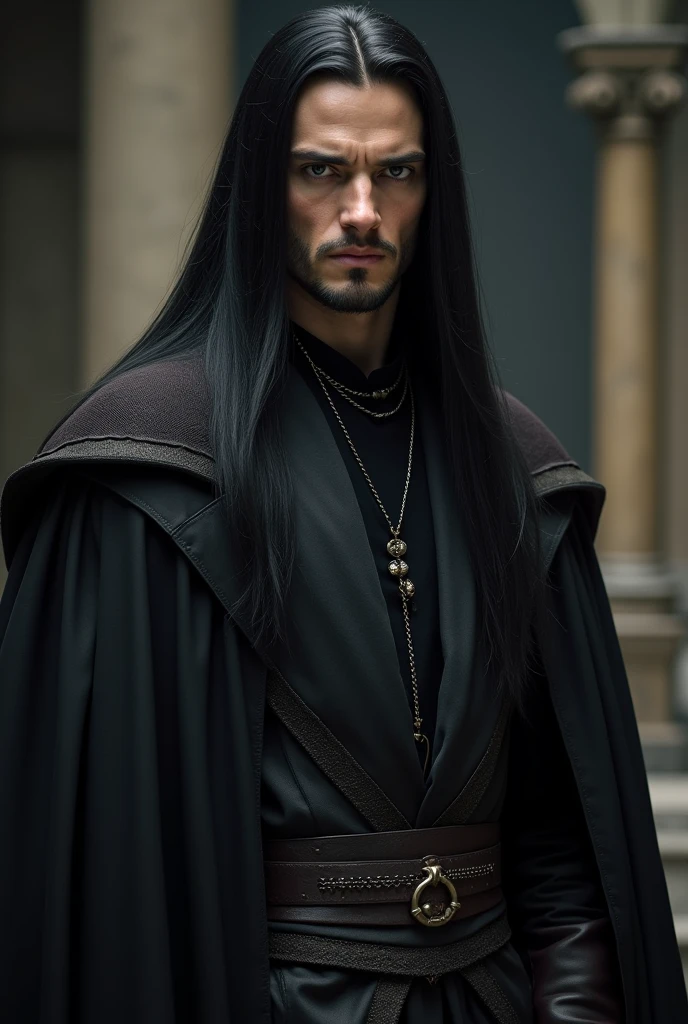 Man Body: Tall and well defined.
body hair: blackw, smooth and long, to a little below the shoulders.
eyeballs: blackws e intensos.
Skinned: white. 
badass clothing: elegant, medieval nobleman in a long tunic and a fitted vest. Dark and rich colors.