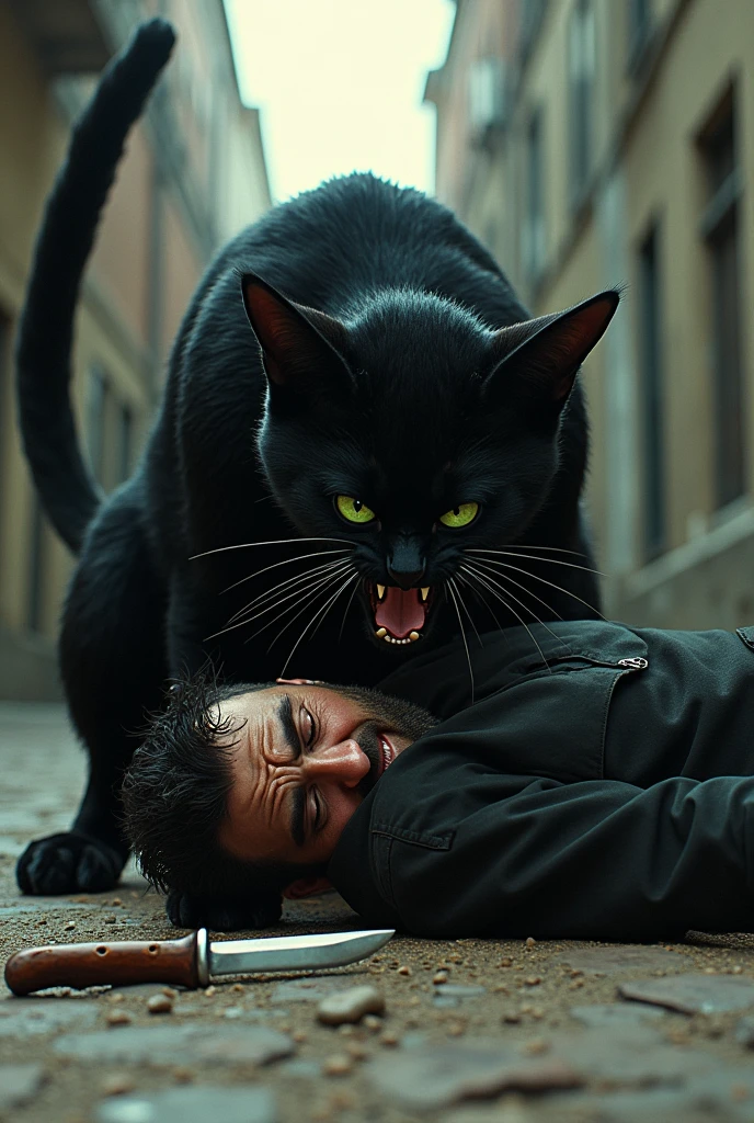 . **Scene 5: Felix Pinning the Leader**
   - *Prompt*: Felix the black cat with human body pins the burly gang leader to the ground with one hand around his throat. The leader’s face shows a mix of pain and fear, his knife lying discarded nearby. Felix’s green eyes glare down with fierce determination. The alley’s gritty texture is evident in the rough ground and walls around them.
