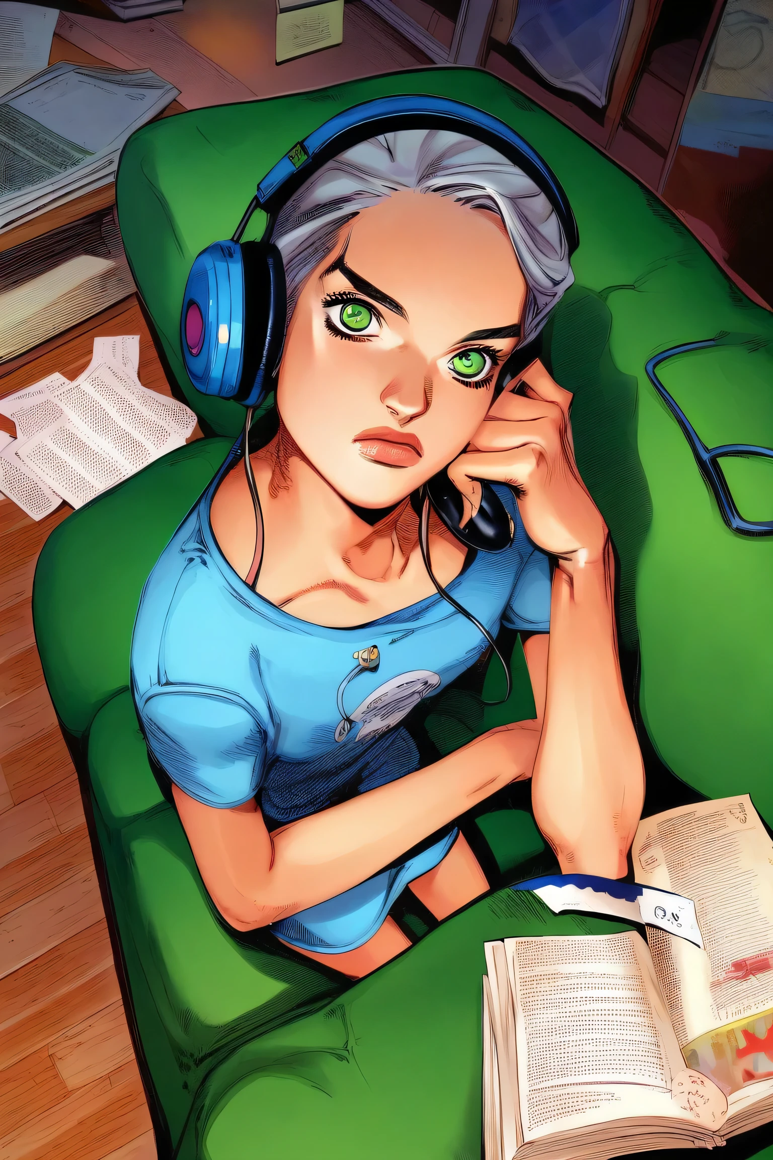 score_9, score_8_above, score_7_above, classification_rest assured 1 girl, :t, looking at the viewer, by the wide, blond hair, green eyes, ropa hip-hop, casual clothes, flat chest, Session, on the couch, reading, headphones, desde above, room j0j0styl3