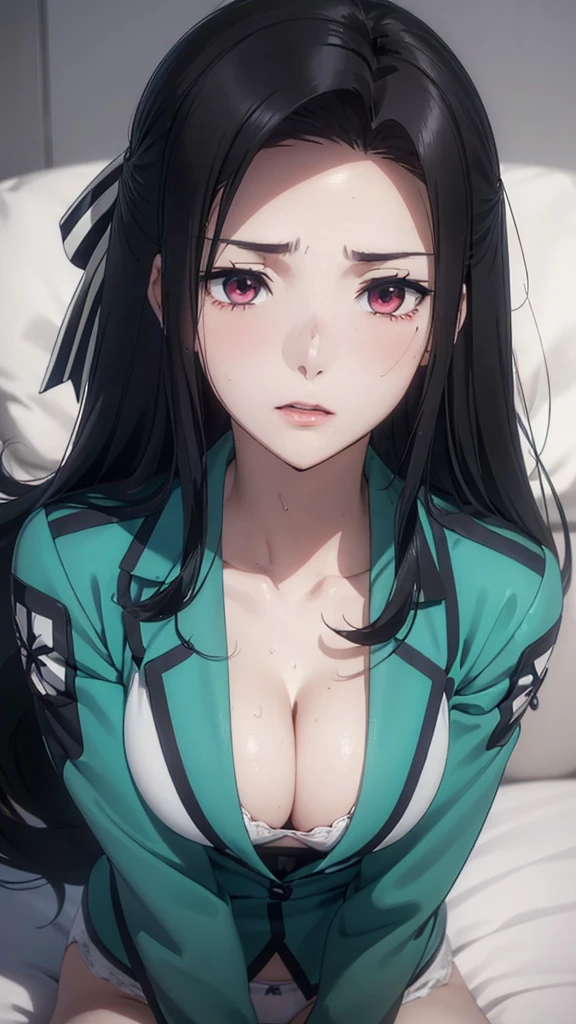 1 personの, alone, masterpiece, Highest quality, The Irregular at Magic High School, Mayumi Saegusa,Mayumi Saegusa, iris, Red eyes, eyelash, Black Hair, Long Hair, Back ribbon,High School Uniform, Green jacket, Cropped jacket, Open jacket, Long sleeve,  (masterpiece: 1.3), (Maximum resolution: 1.2), (Ultra HD TV: 1.2), Cinematic Light, 8k resolution, Detailed facial features , (Sharp focus: 1.2）, (Focus on the face:1.2),Perfect Style, Beautiful Face, Acura, Anatomically correct, Highly detailed face and skin texture, Beautiful Eyes,Beautiful Eyes, Thin eyebrows, Natural Cheeks, Glowing Skin, Fair skin: 1.2, (Glossy Lips: 1.4),、 (Embarrassed look: 1.2),Highly detailed face and skin texture, Natural Cheeks, , Glossy Lips: 1.4,Perfect Style、Cleavage、Soft Breasts、（Semen on chest:1.6）（Cum on thighs 1.5）、 Overflowing sperm、Drenched in sweat、Wet clothes、blush、A humiliating look、Anxious expression、Frightened expression、Embarrassed look、Glare、anger、sorrow、tears、（Open your knees:1.5）、（Spread your legs:1.5）、 White underwear、Disheveled clothes、sweating、Thin underwear、18-year-old、 clear, A clean-cut woman,1 person、 Upward-facing chest, Black Hair、blue eyes、Beautiful Eyes、Torn clothing、（Being sexually assaulted by a violent man:3.0）、At the bed、（On my back、At the bedLying down、Lying down、White sheets:1.7）、avert your eyes、