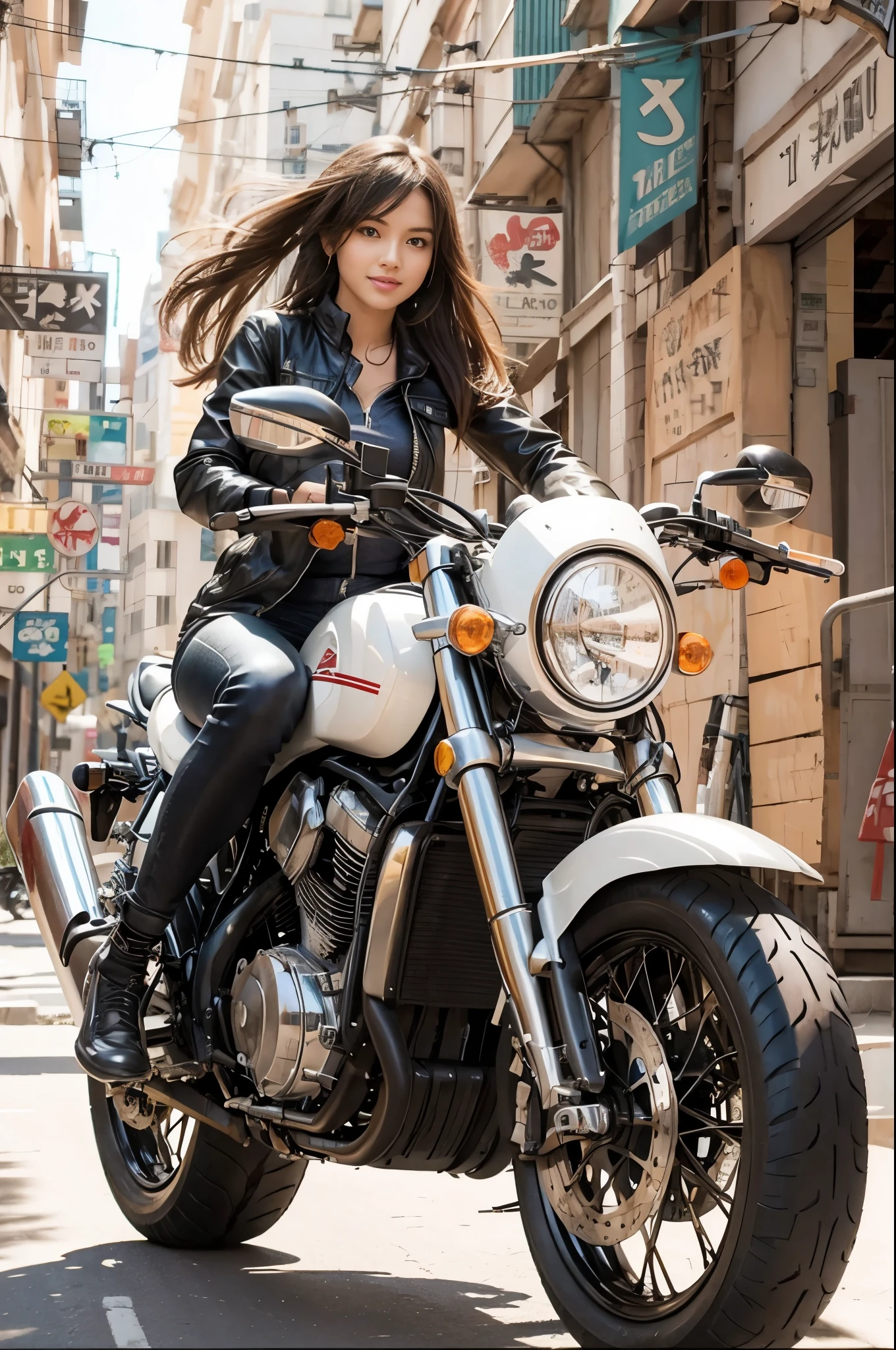 Sexy long legged girl riding a big bike