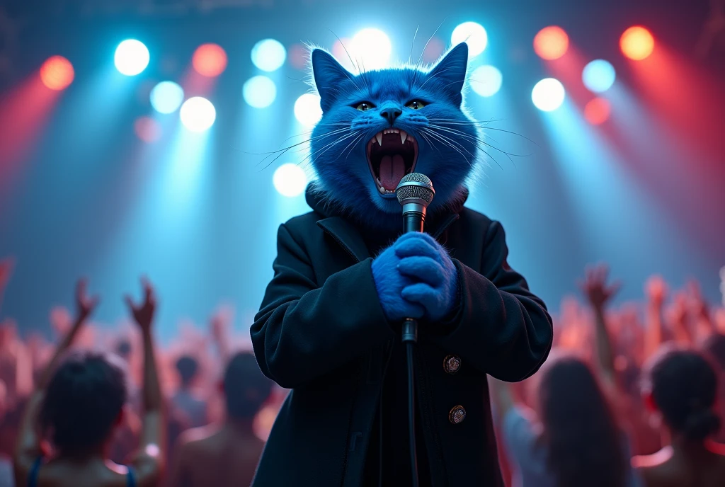 blue cat, on the stage, wearing black coat, blue hair, singing , microphone, rock concert, rock festival, screaming, singing, rockstar,from below, close up, face focus