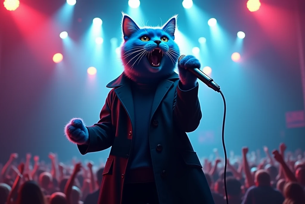 blue cat, on the stage, wearing black coat, blue hair, singing , microphone, rock concert, rock festival, screaming, singing, rockstar,from below, close up, face focus