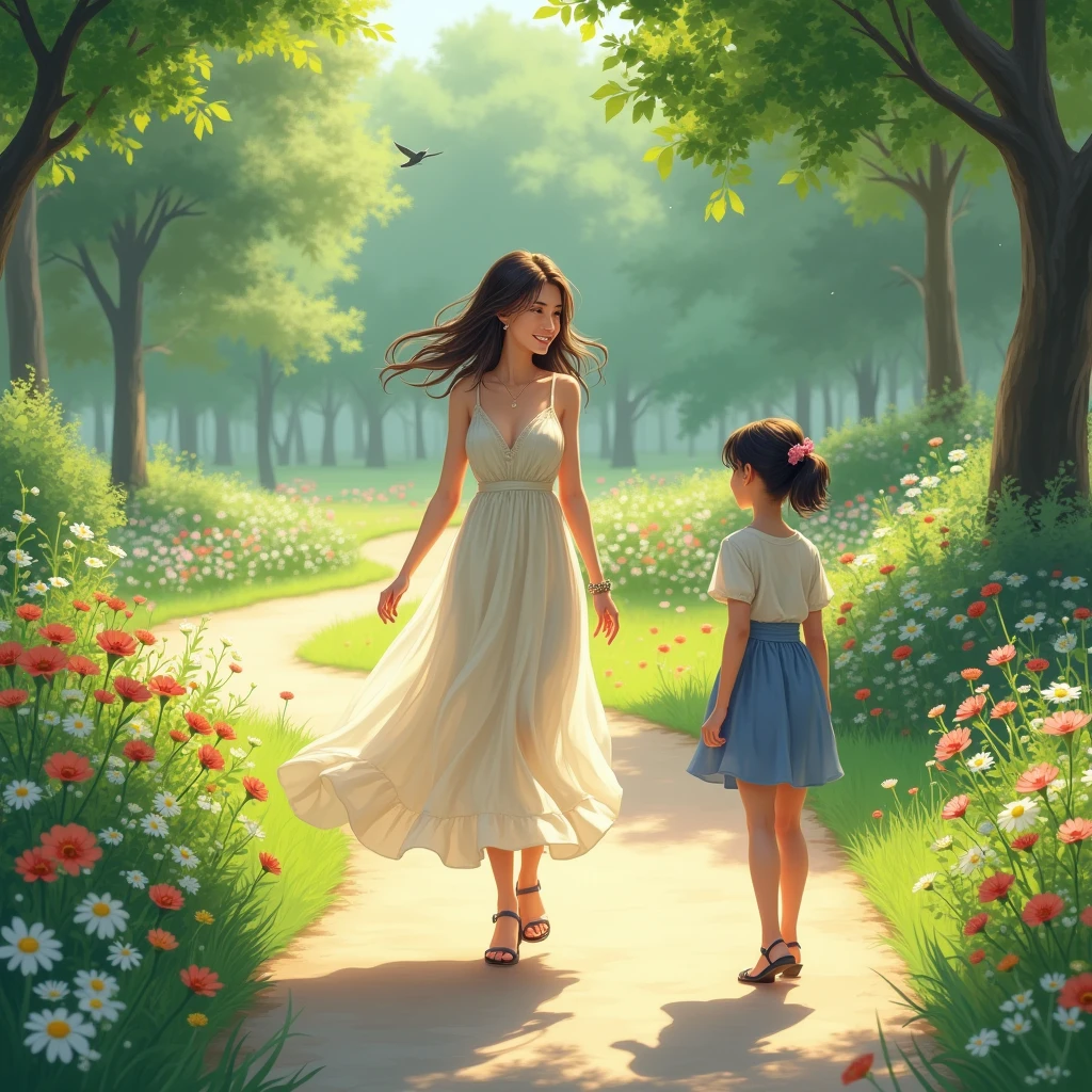 She walked gracefully along the winding paths in the park, her sundress swaying gently with each step, a serene expression adorning her delicate features as she took in the beautiful surroundings, occasionally pausing to admire the vibrant flowers or listen to the melodious chirping of birds. Suddenly, she noticed a tomboyish young lady approaching, and she stared at them for a moment before she nodded politely and gave a gentle smile in greeting.