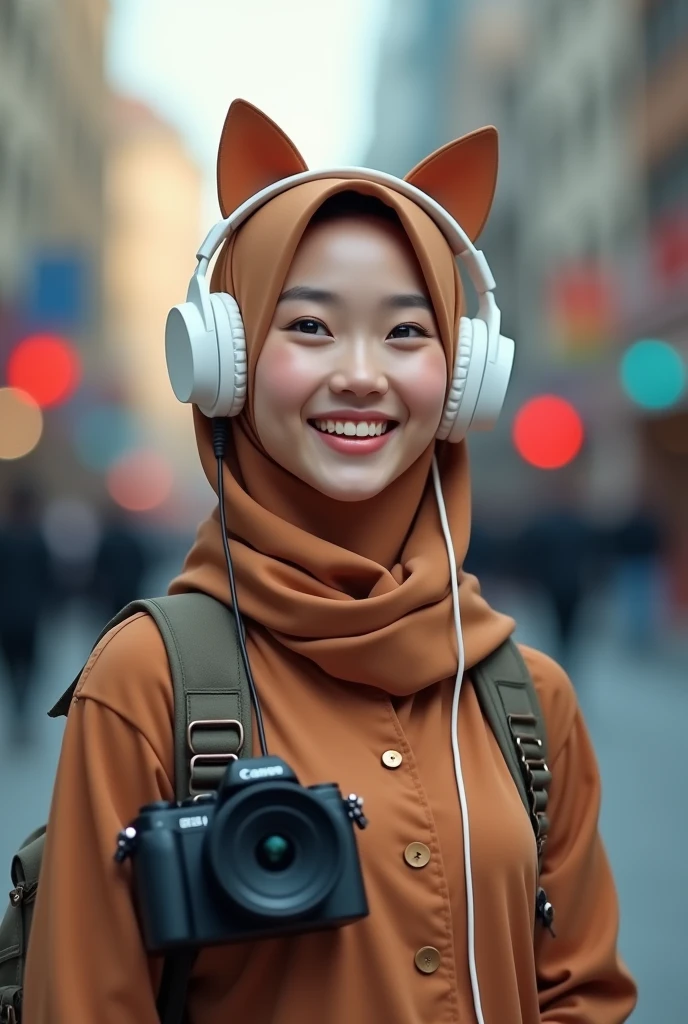 photography, UHD, an Arabic-chinese Muslim woman, wearing white gamer headphones with cat ears, wearing a brown hijab, wearing a brown robe, wearing a backpack, bokeh, city, carrying a camera, sweet smiling